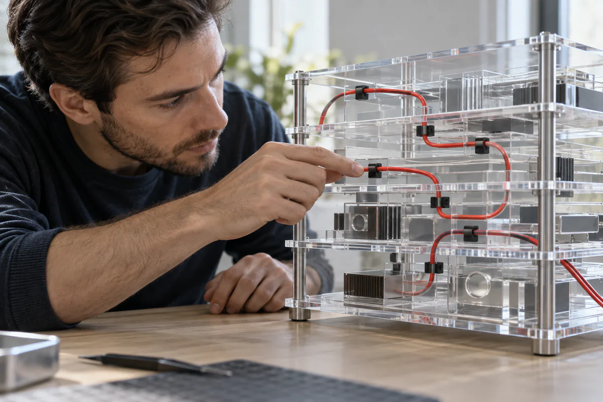 A technician traces one colored connection through a transparent layered system