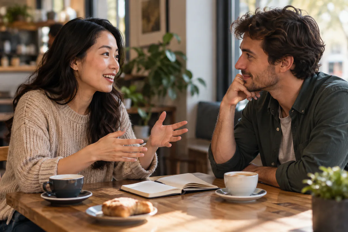 Two adults practice a conversation across a café table