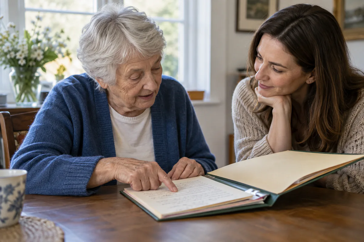 An older woman points to her notebook while another adult listens.