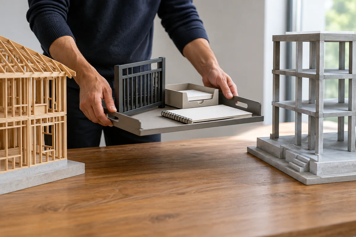 A review tray moves between two different structural models