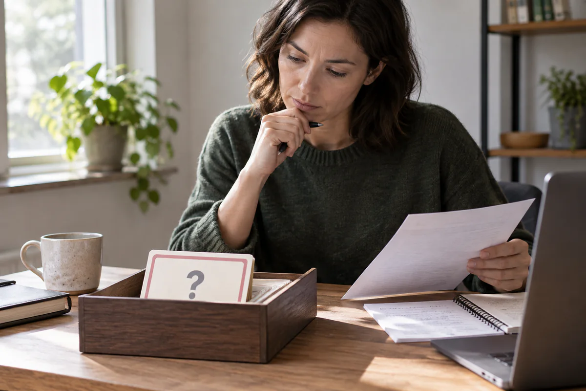 An uncertain task card waits in a review tray while a person checks supporting notes