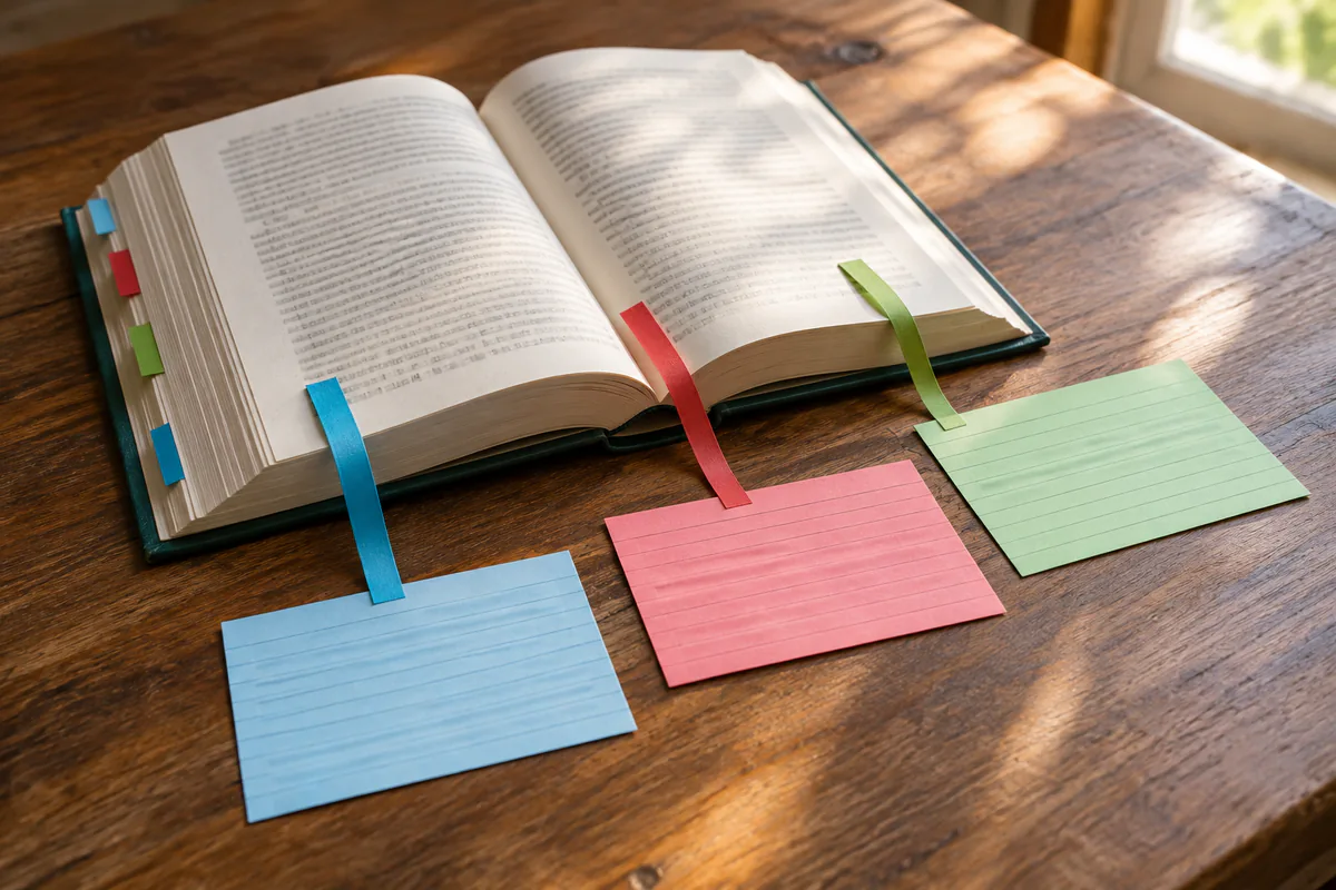 An open source book links colored bookmarks to separate note cards
