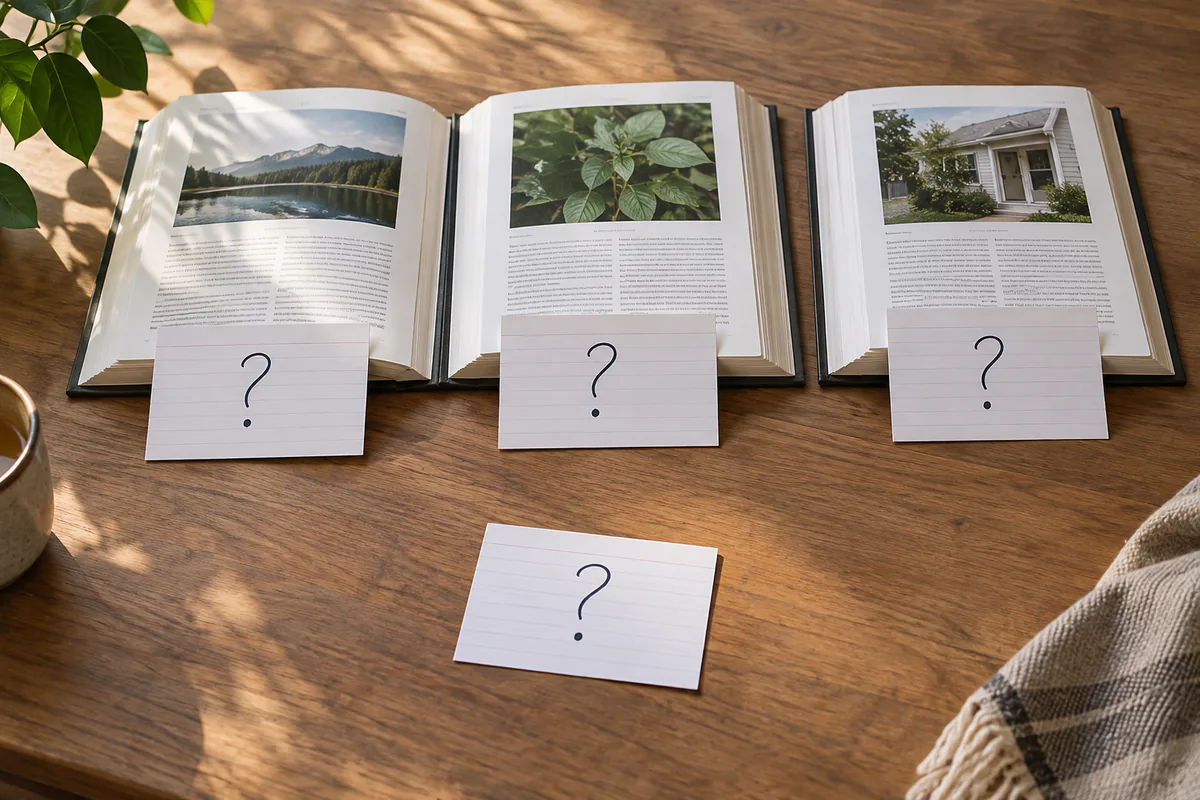 Question cards are paired with source pages on a wooden table