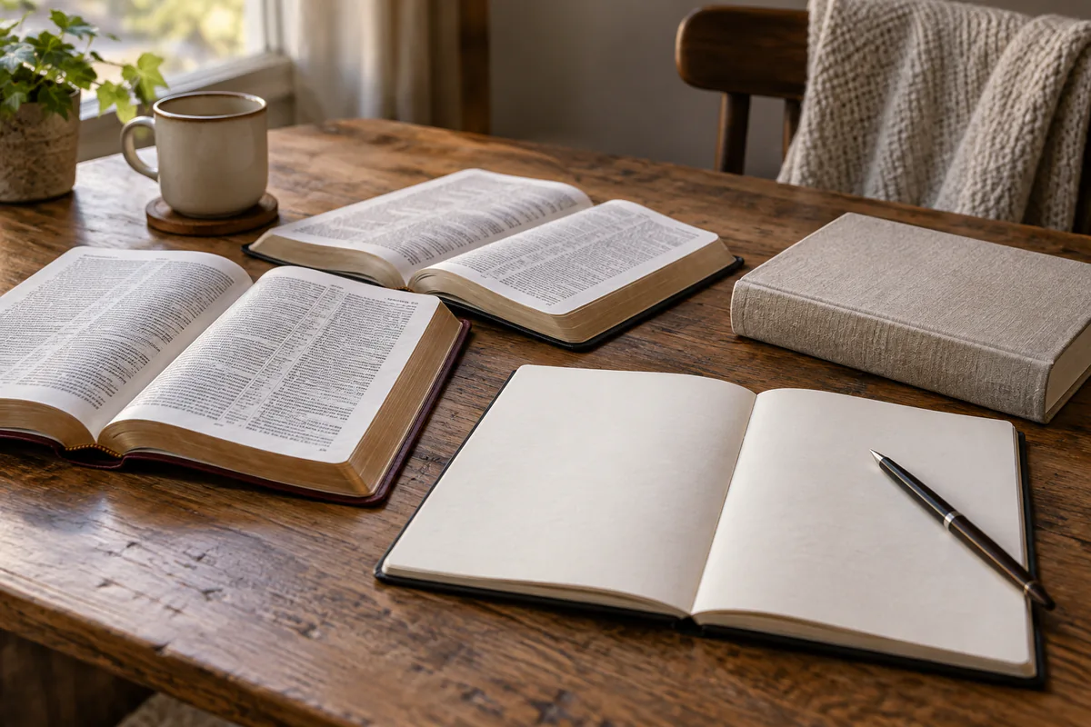 Several editions and a blank reflection notebook rest together