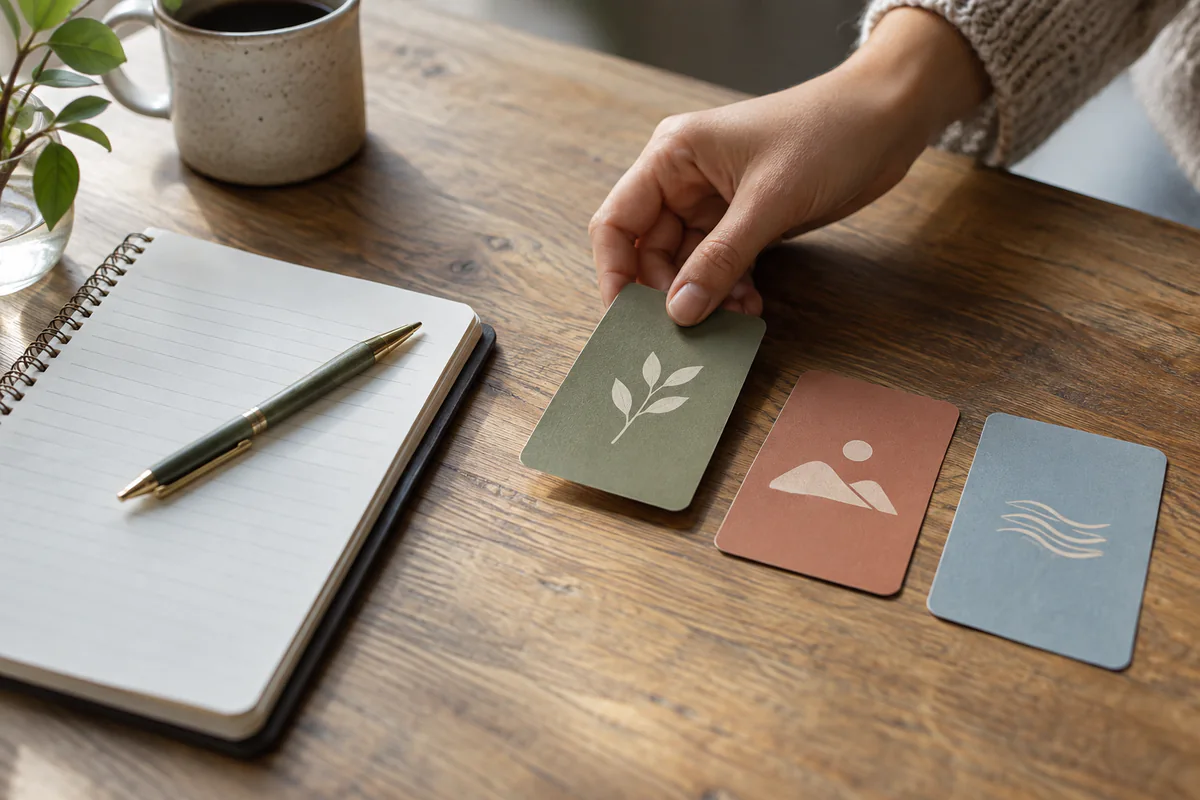A hand selecting one option card while alternatives remain on the desk
