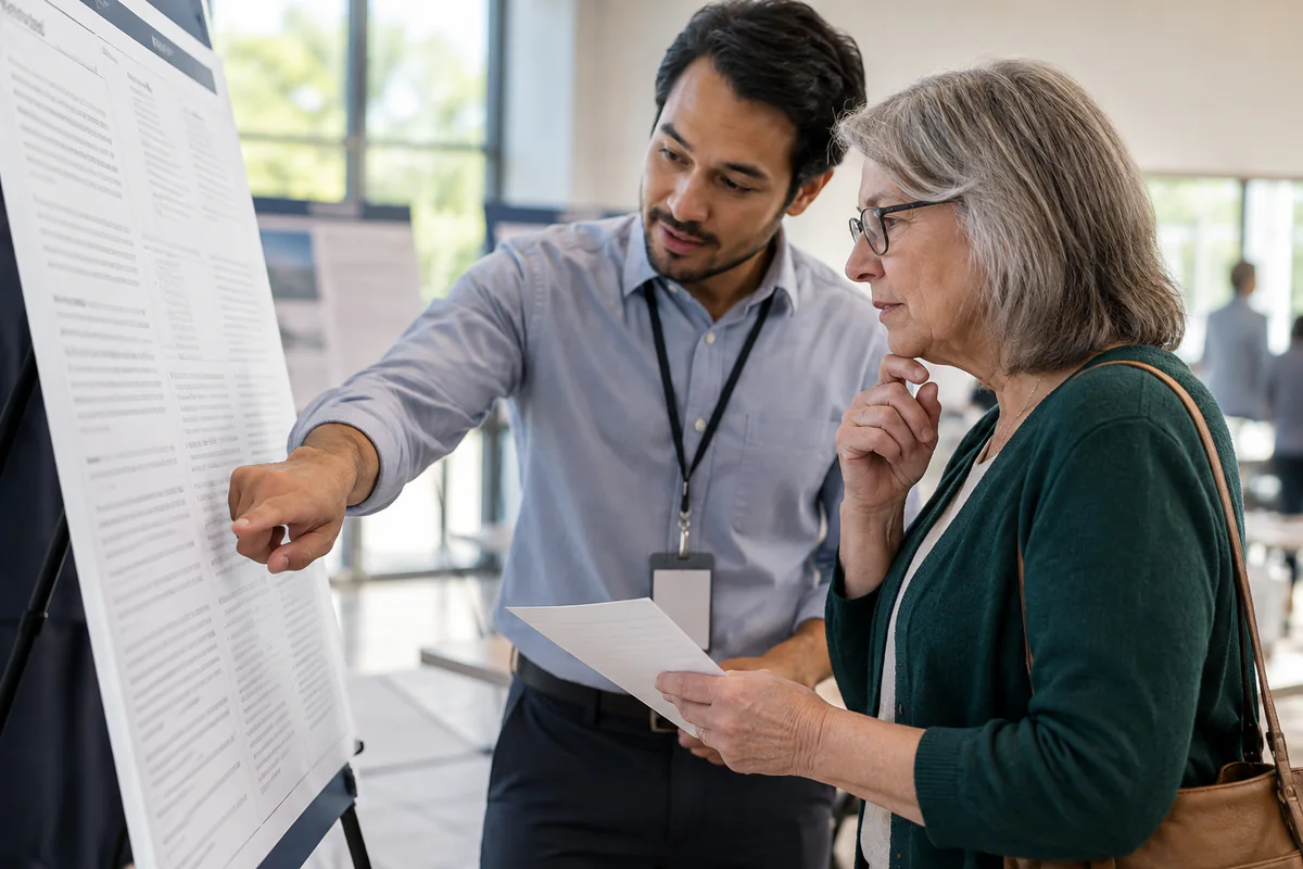 A staff member points out a document to a visitor at a public office
