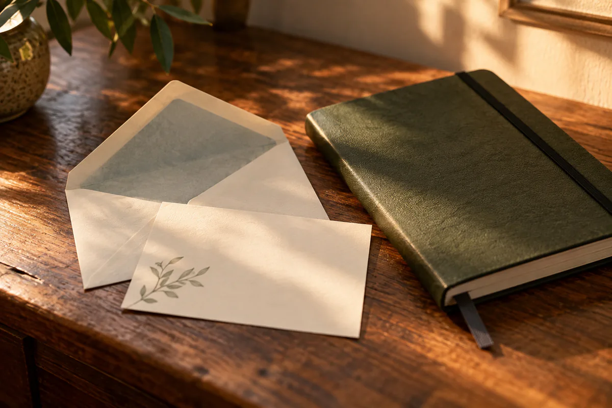 An envelope and application letter lie beside a closed notebook.