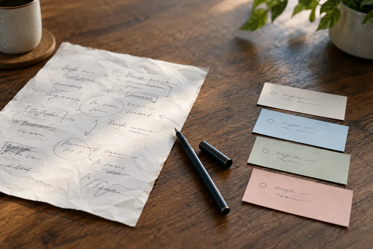 Rough meeting notes are compared with a small set of task cards.