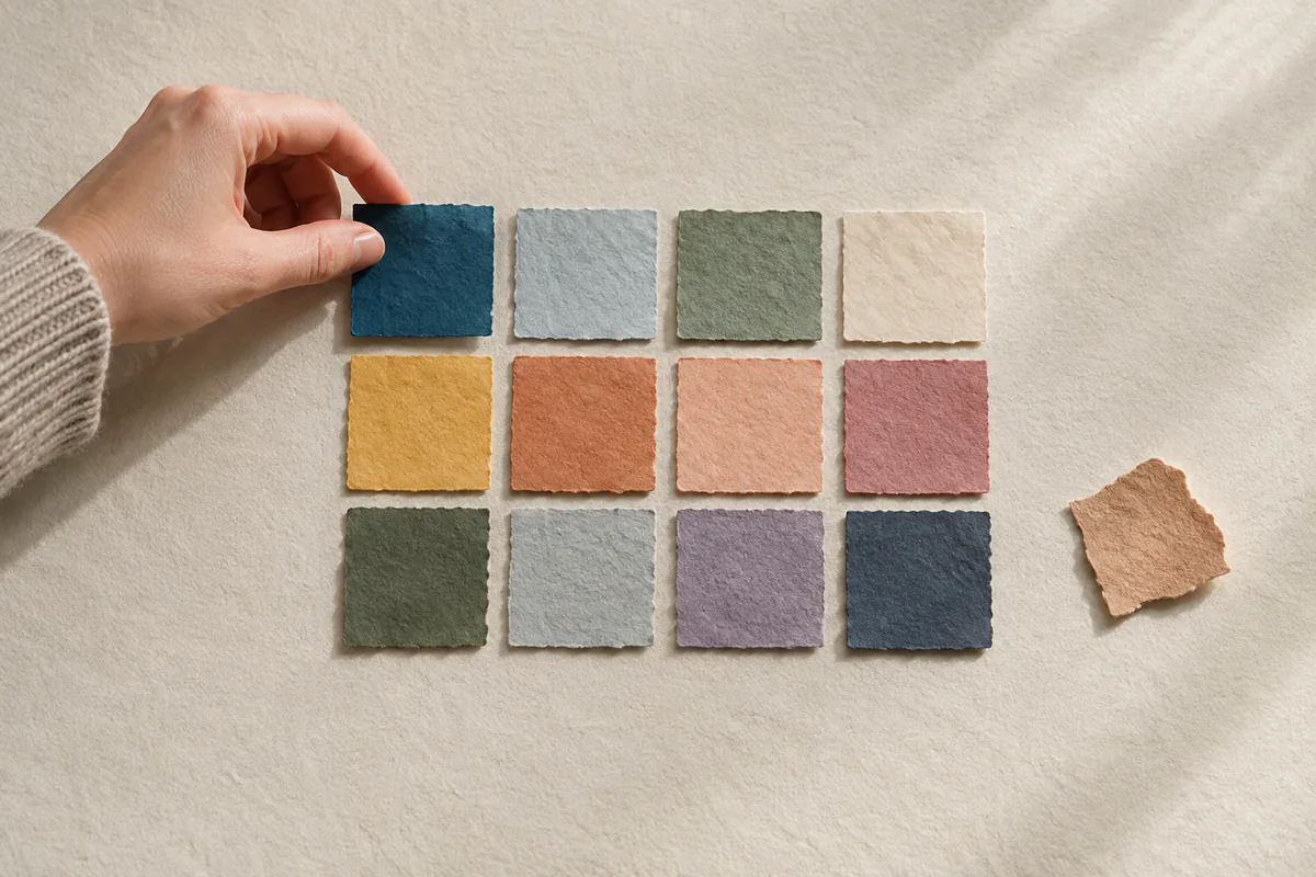 A hand arranges colored tiles into a consistent rectangular grid.