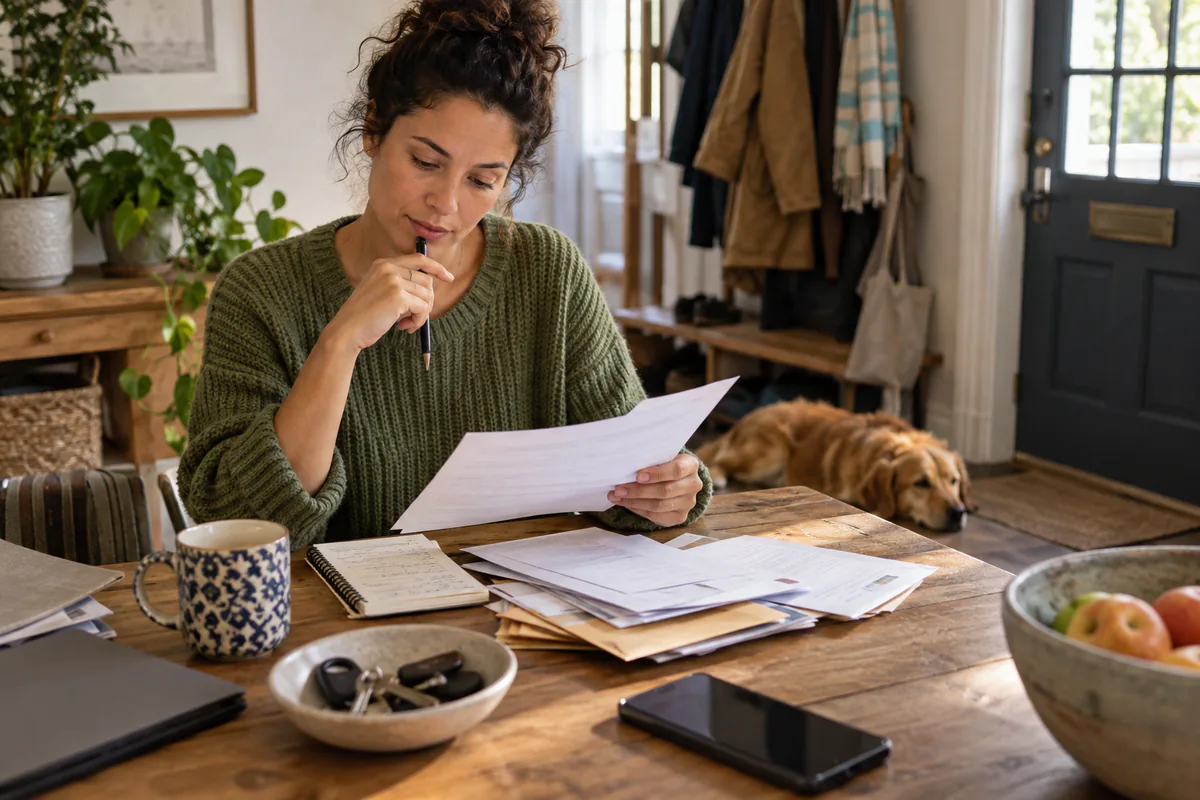 A person reviews household paperwork with a notebook and phone nearby.