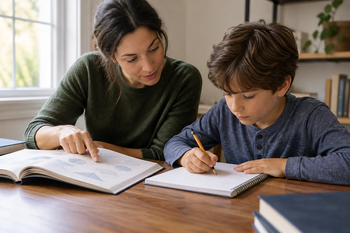 An adult points to a reference book while a student writes their own response.