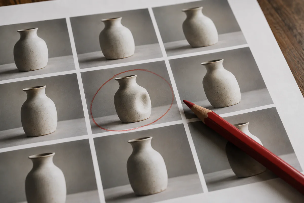 A red pencil marks one variation in a grid of ceramic-vase images