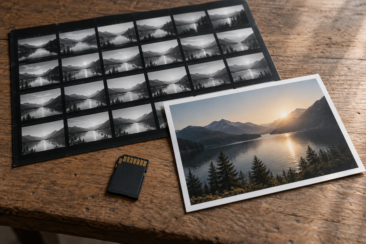 A sheet of photo thumbnails beside a landscape print and memory card