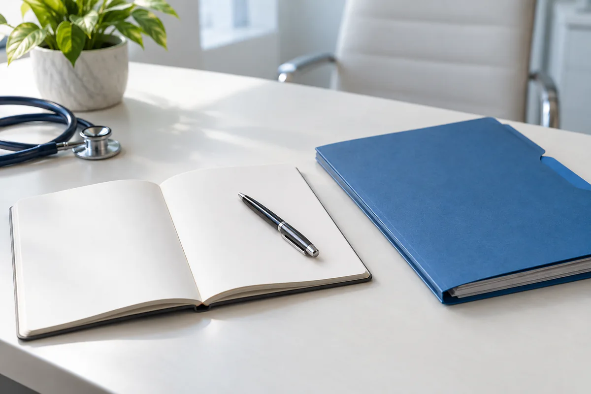 An open notebook and a closed folder sit on a clinician's desk beside a stethoscope.