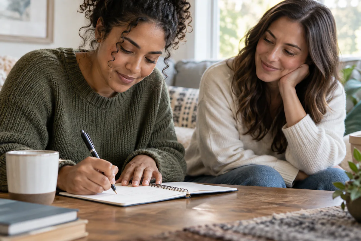 Two people prepare a short written list together at a table.