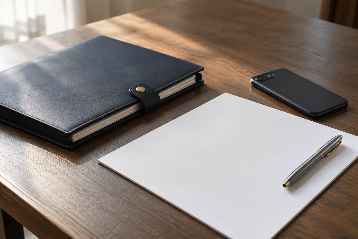 A blank question sheet sits beside a closed financial folder and phone.