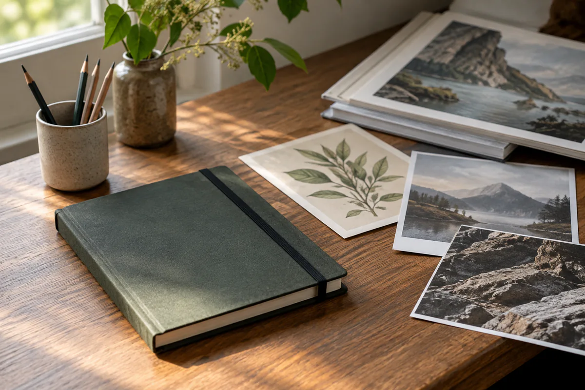 A personal notebook sits beside varied visual references.