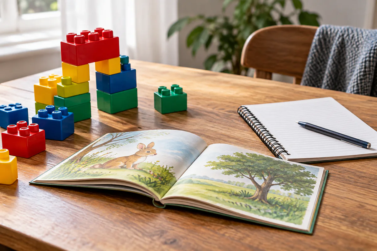 Building blocks, a picture book and a notebook represent different learning activities.