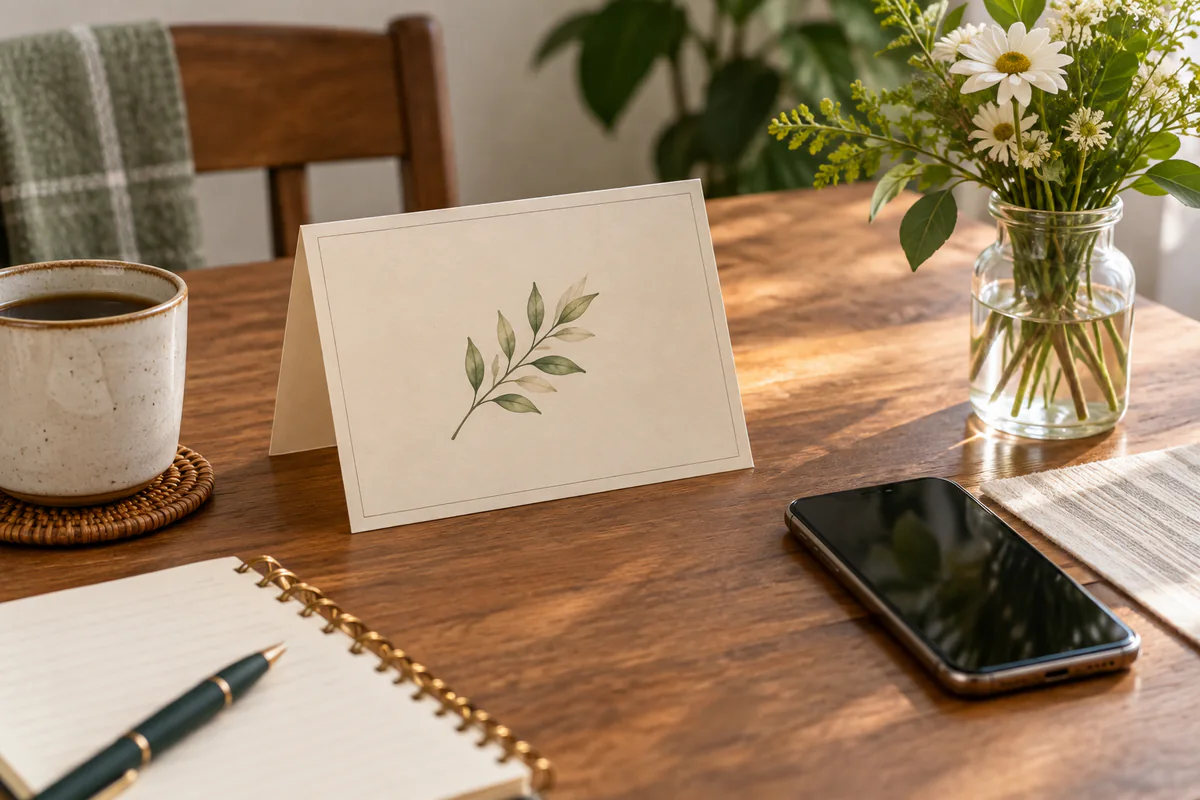 A greeting card beside a notebook, pen and phone on a sunny table