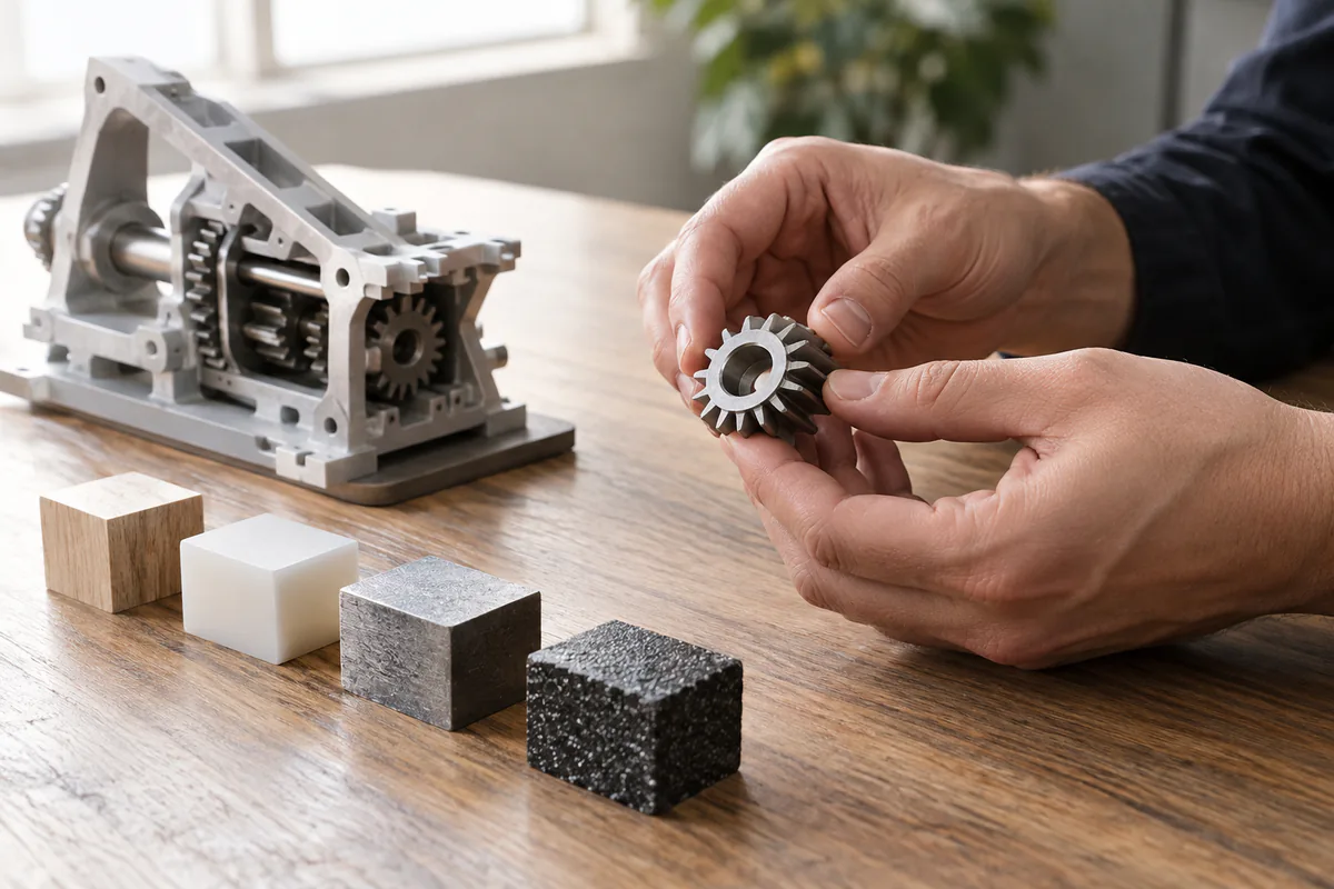 A person compares one machine part with several material samples