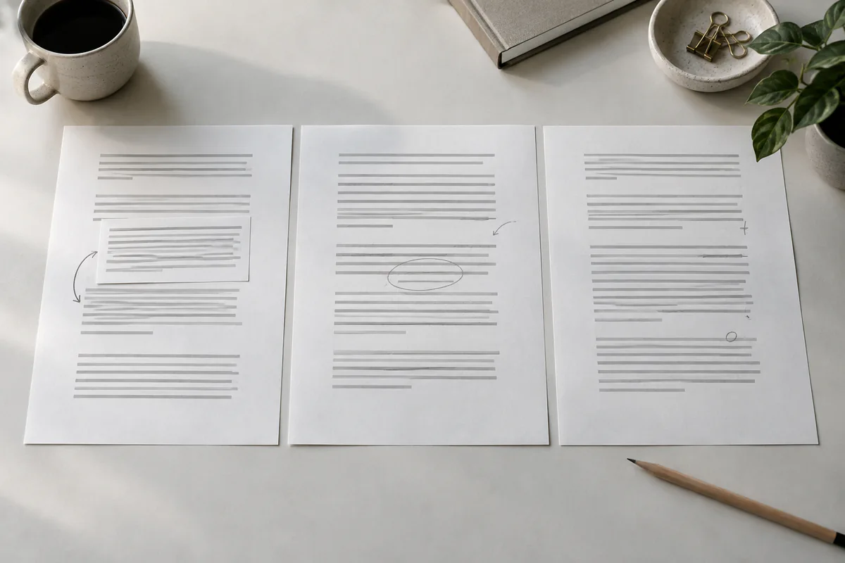 Three drafts show different kinds of pencil revisions.