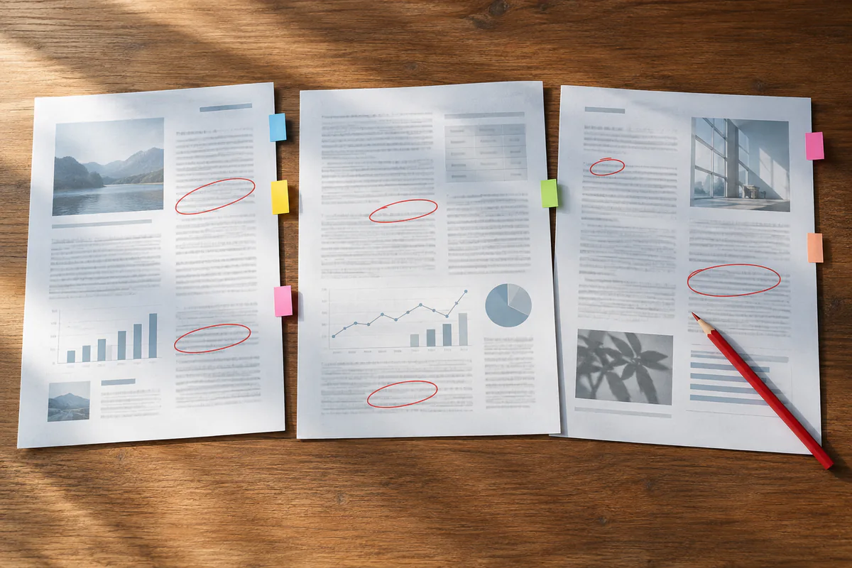 Three tabbed reports have specific passages circled with a red pencil.