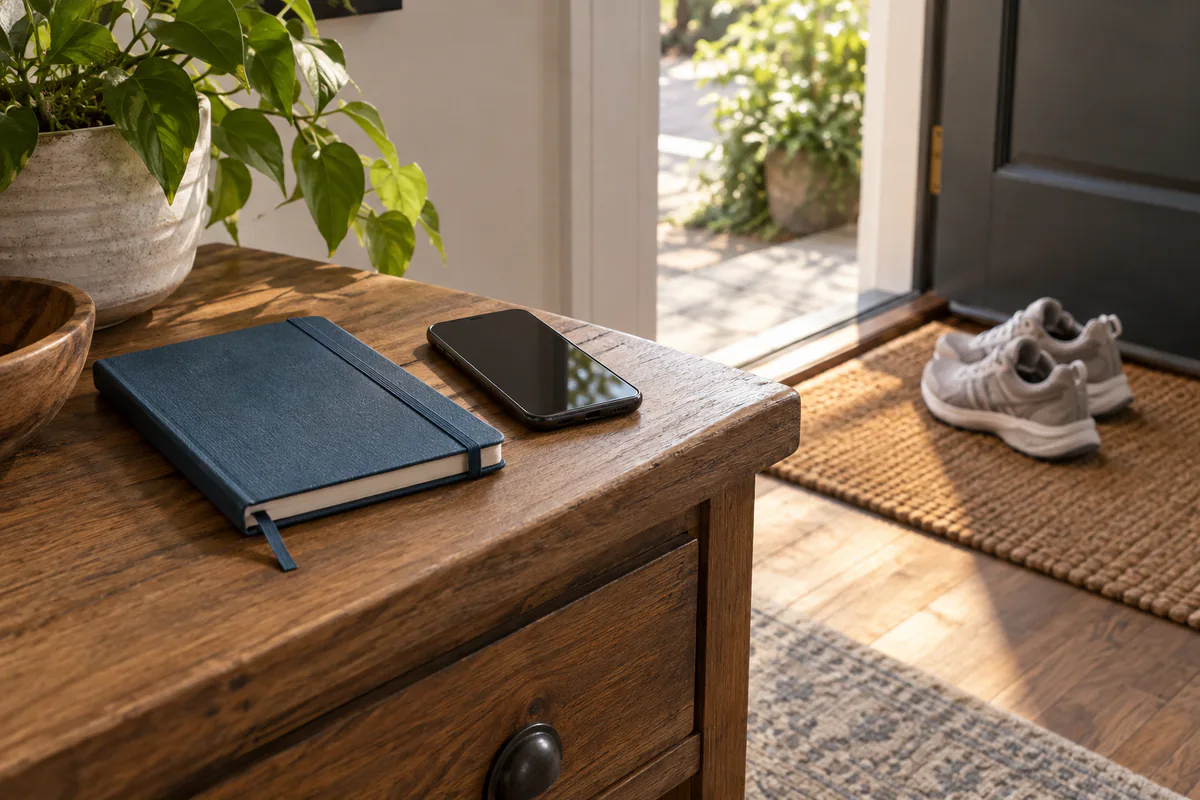 A closed notebook and phone remain inside while walking shoes wait by the door