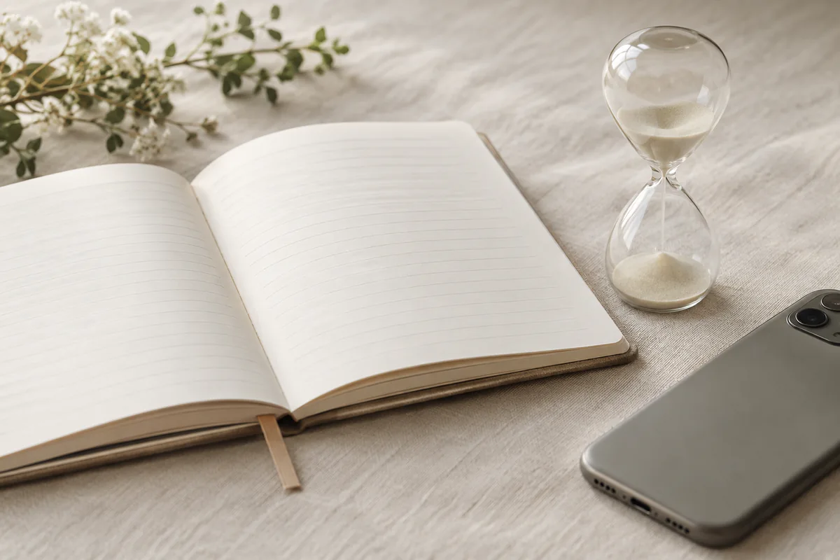 An open notebook lies beside a glass hourglass and a phone placed face down.