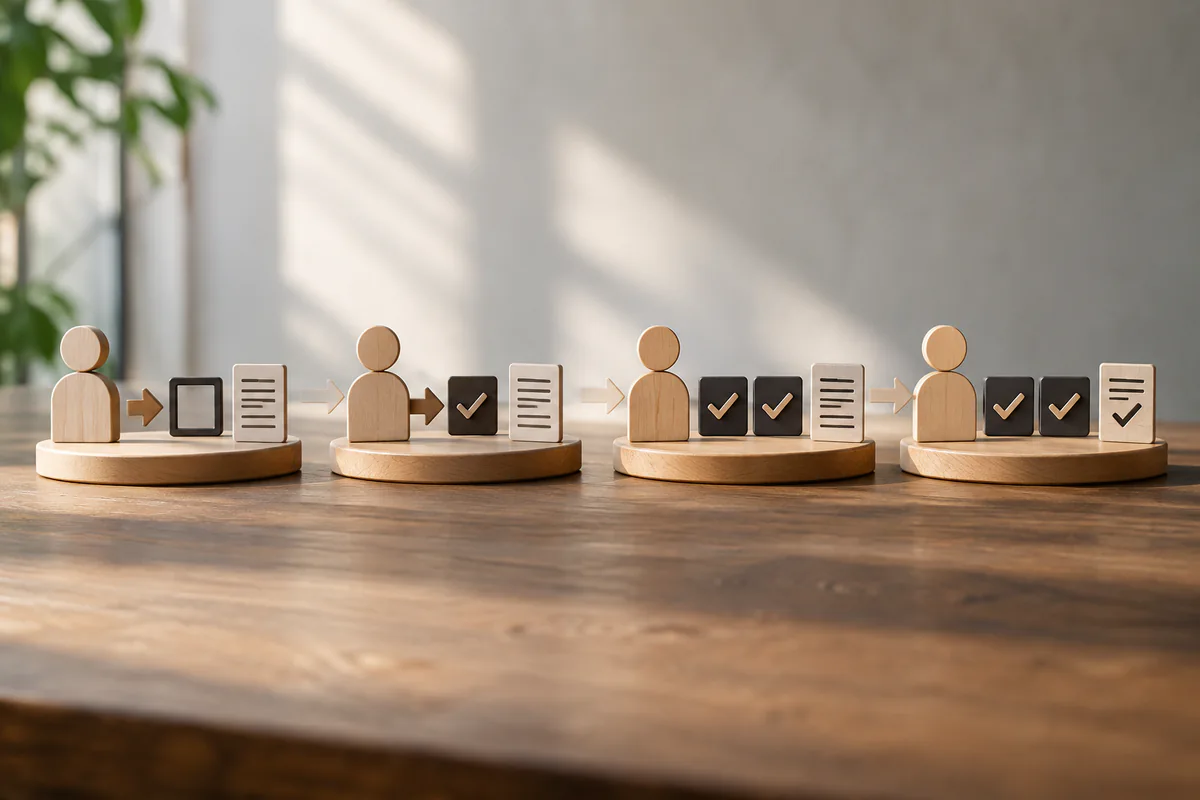 Four small wooden process models show increasing review completeness