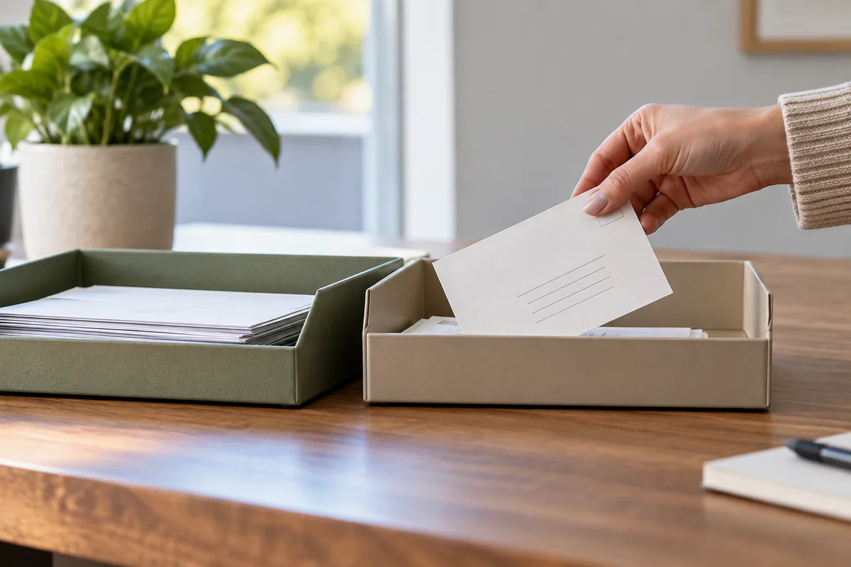 A hand routes an incoming response card between neutral follow-up trays
