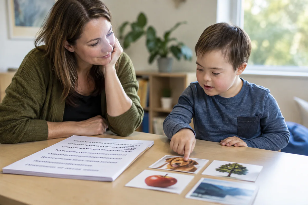A child chooses a picture card while an adult listens.