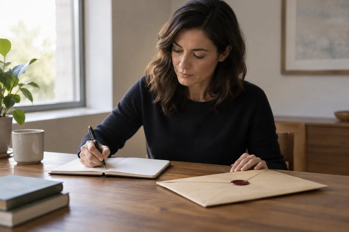 A person writing a judgment in a notebook beside a closed recommendation folder