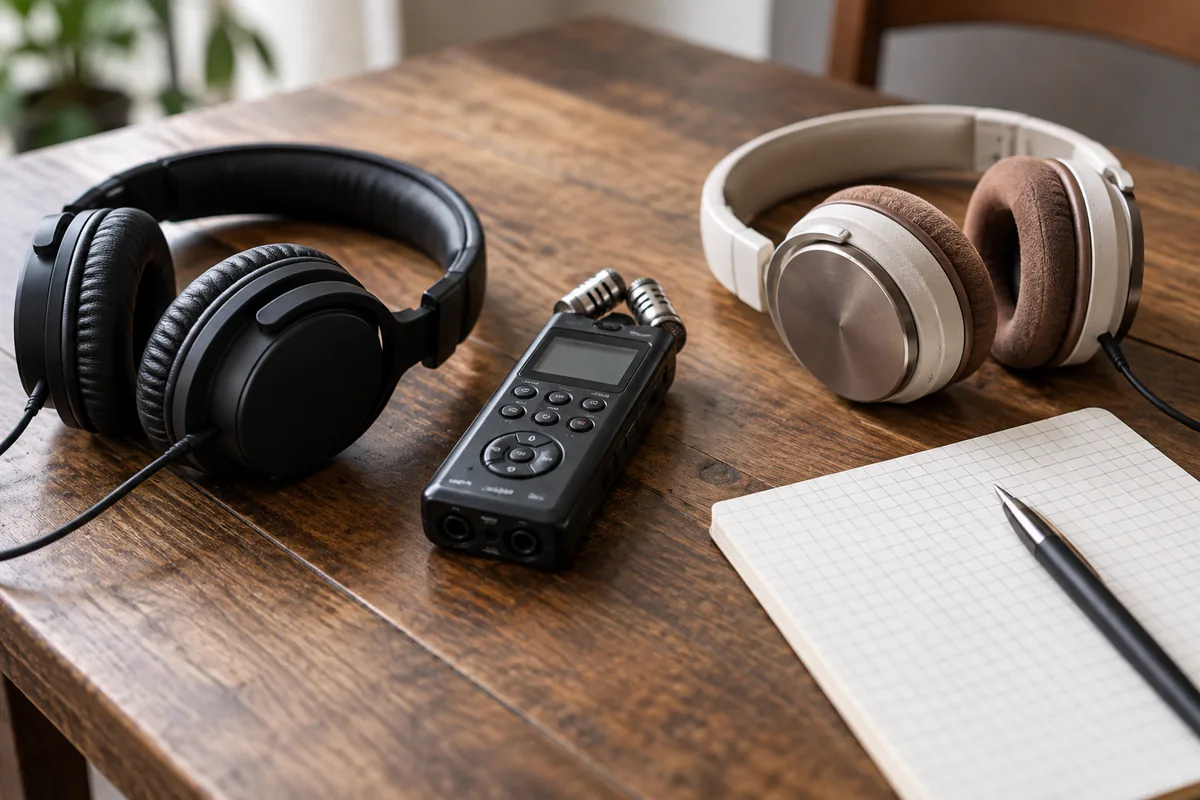 Two sets of headphones beside an audio recorder and blank transcript pages