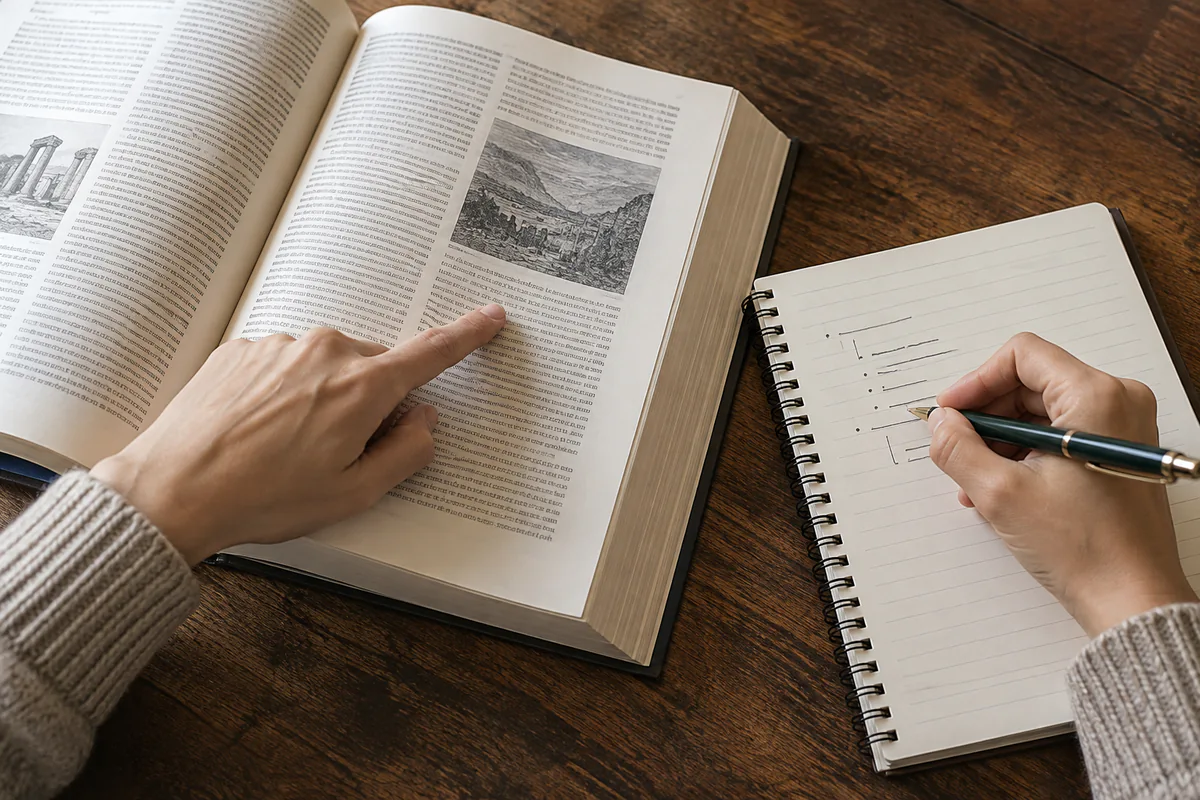 A reader checks a passage in an open book while taking separate notes.