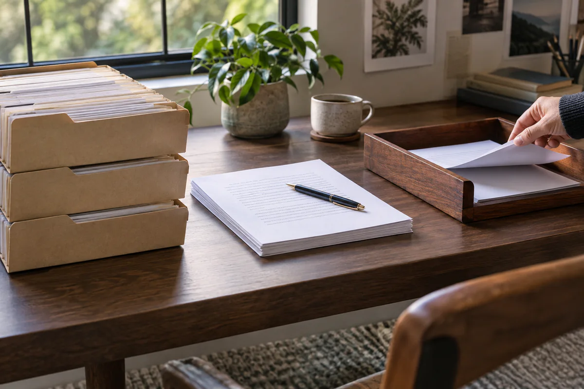 Source folders, a concise draft, and a final review tray form an editorial pipeline