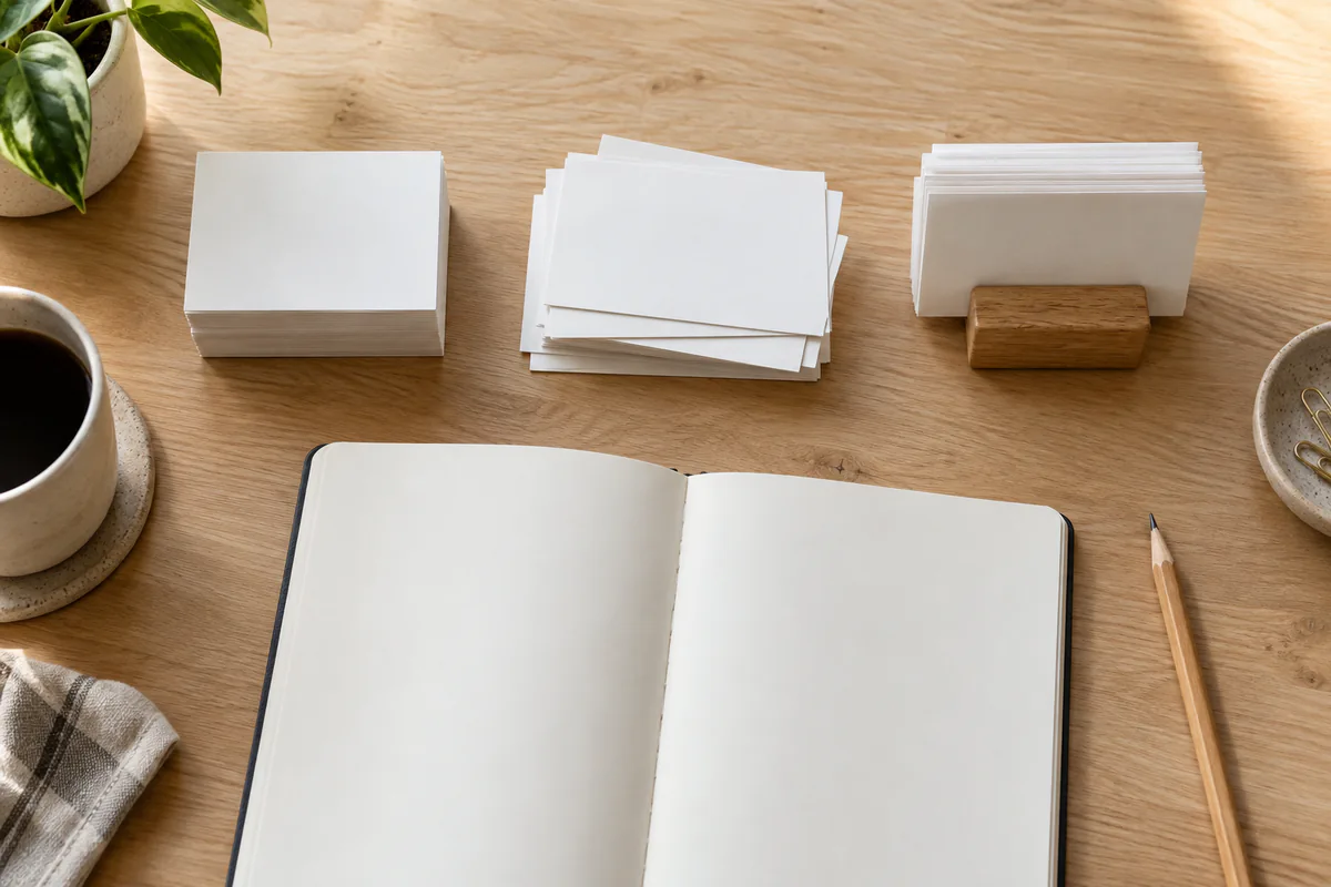 Three document stacks at different stages beside an open status notebook