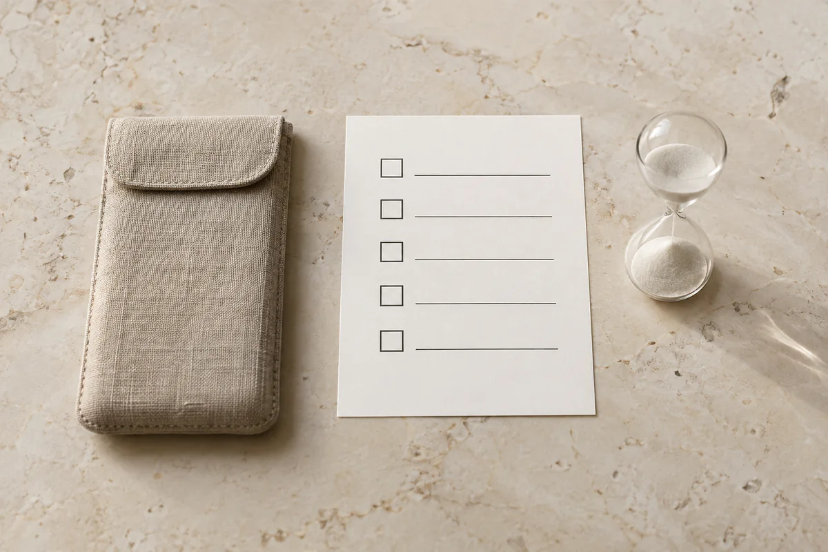 A fabric phone pouch, blank checklist and glass hourglass are arranged on a table.