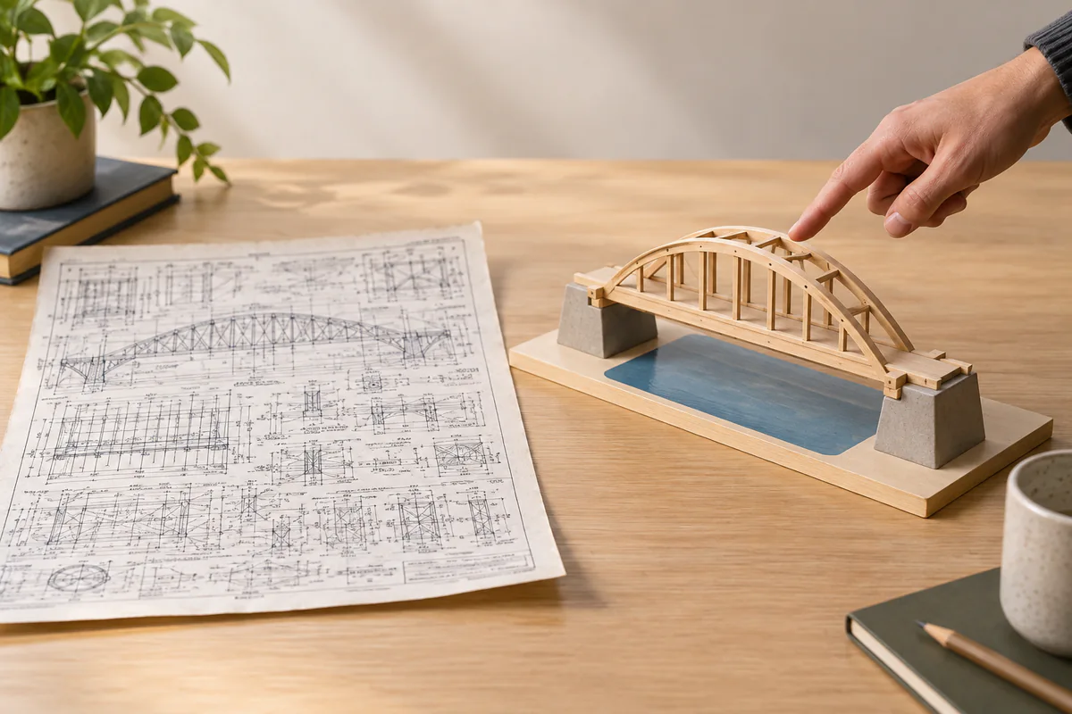 A dense technical drawing sits beside a clear physical model of a bridge.