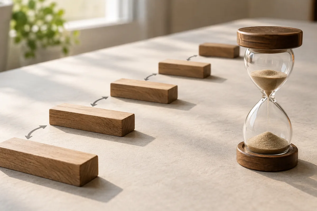 Wooden task steps and a sand timer represent repeated browser work