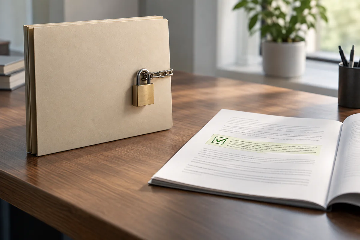 A locked source folder sits beside a checked excerpt in an open reference book