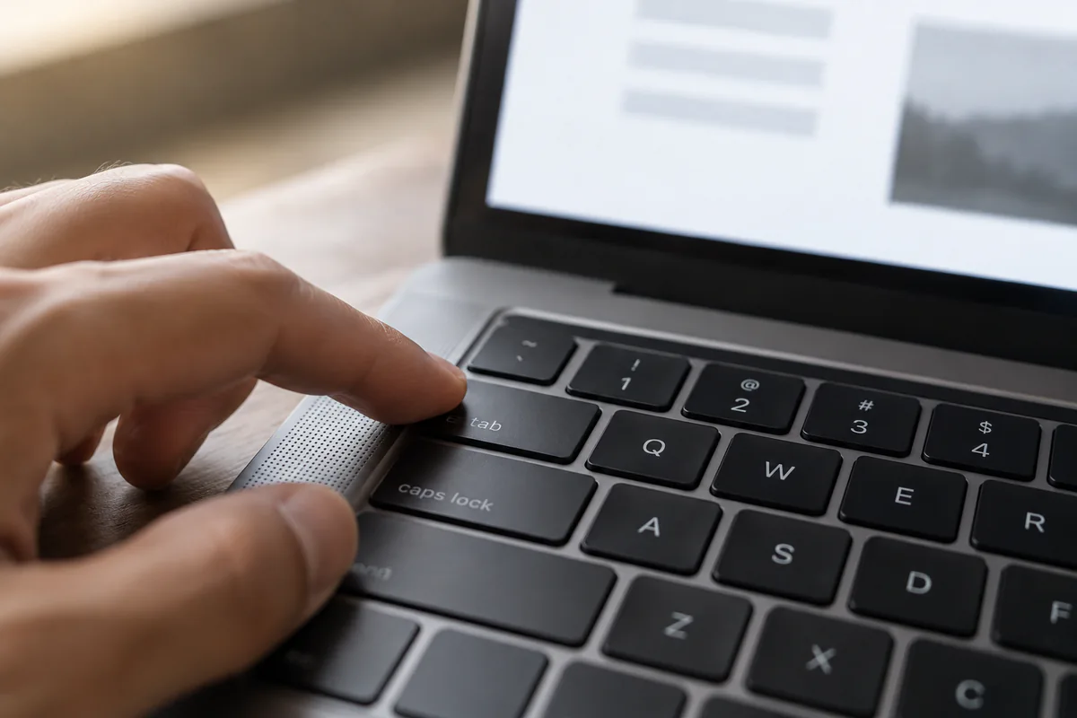 A hand uses a laptop keyboard while a simple page layout appears on screen