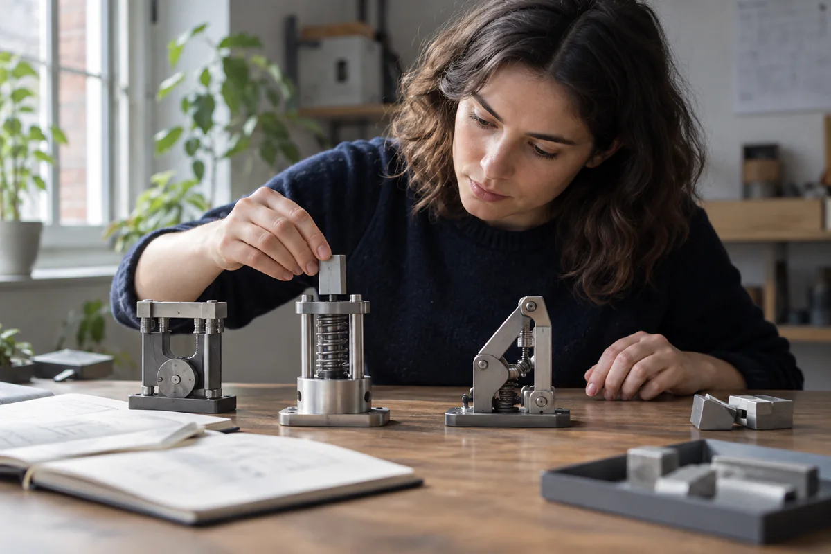 An engineer compares three physical prototypes against one reference notebook