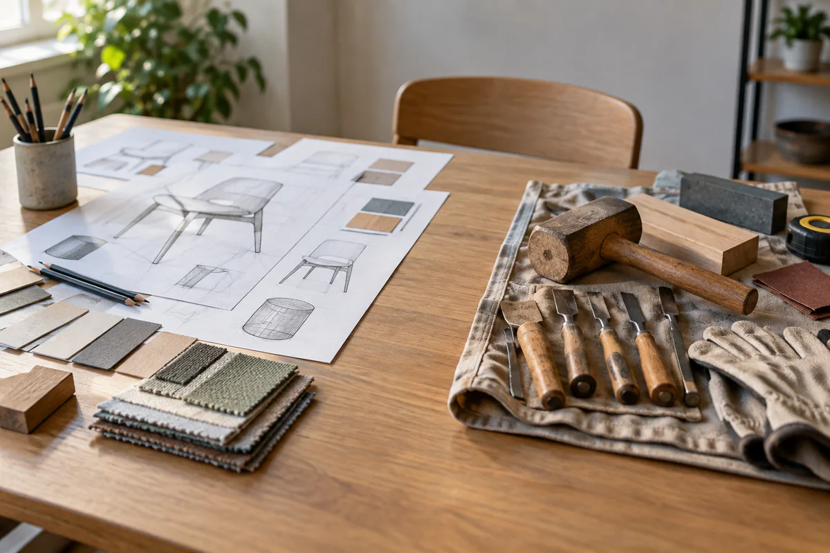 Design sketches and workshop tools arranged as two possible career directions