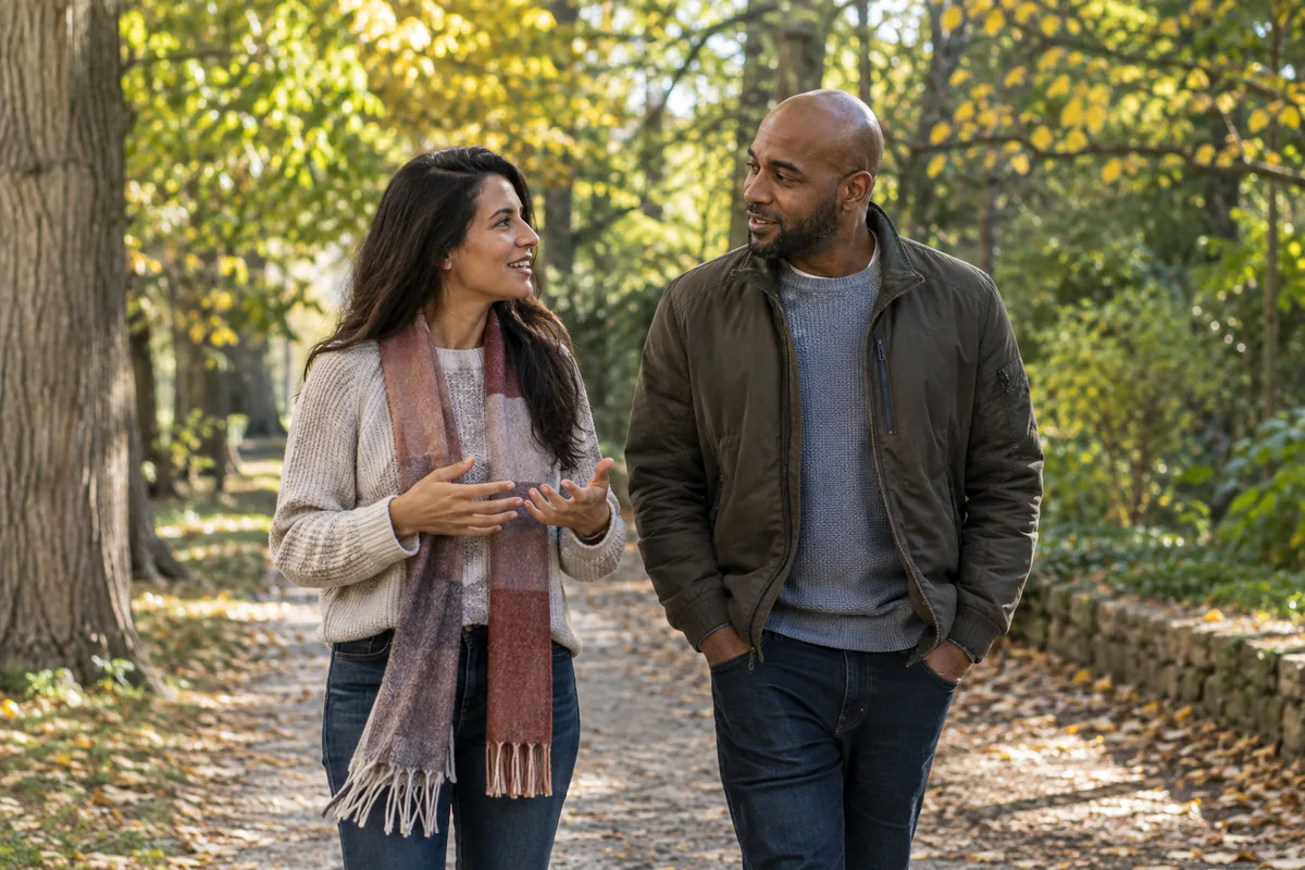 Two adults talk while walking along a wooded path.