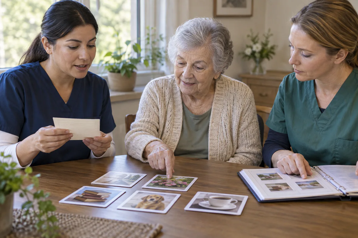 An older woman and two carers use picture cards while discussing a handoff
