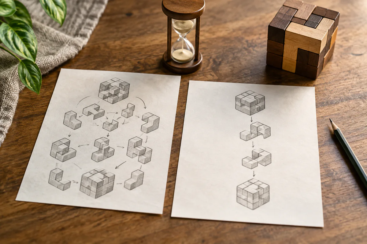 Two alternative puzzle approaches sit beside a reference object and sand timer