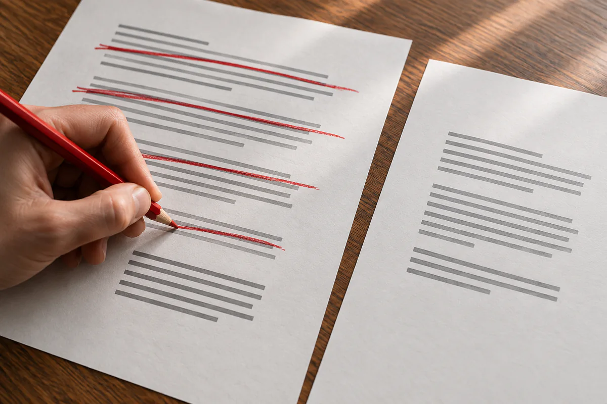 A red pencil crosses out long lines of a draft beside a shorter version.