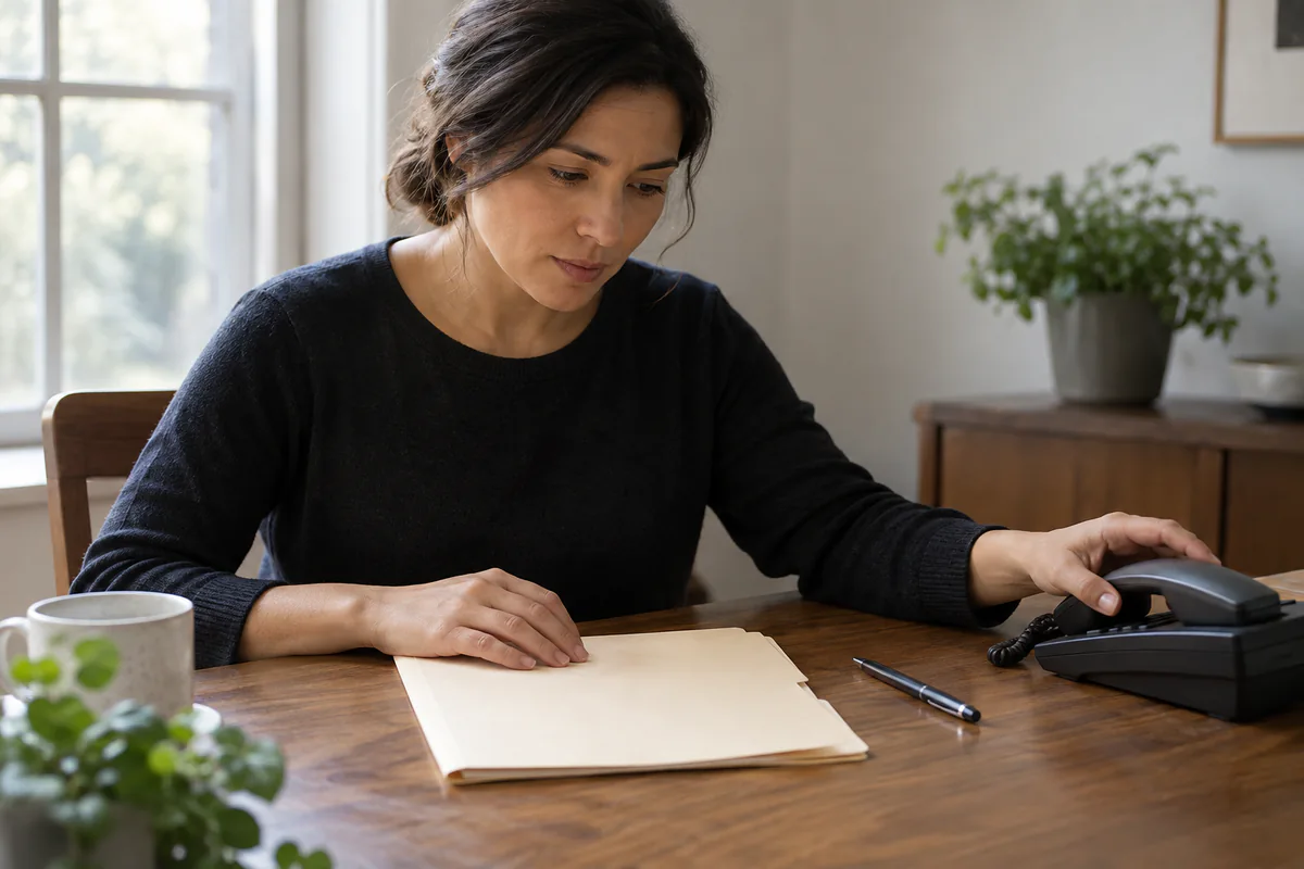 A woman reaches for a telephone beside a folder and a blank page.
