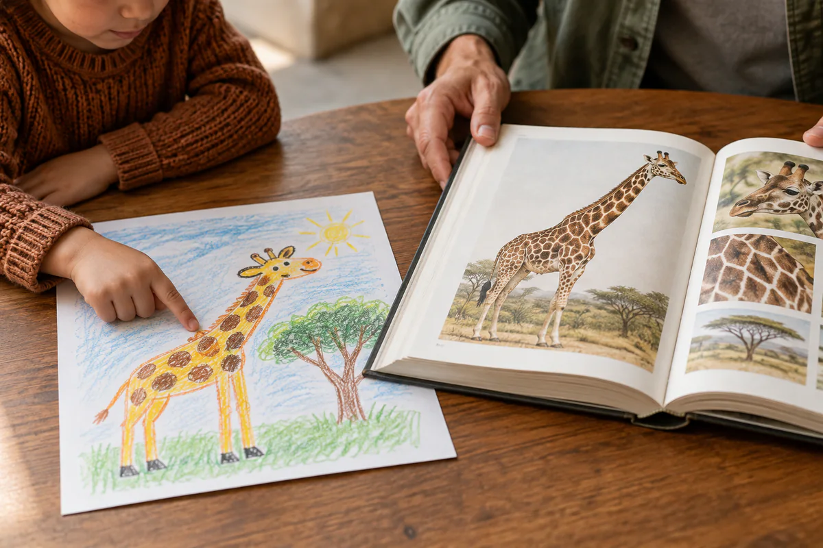 A child compares a giraffe drawing with pictures in a reference book.