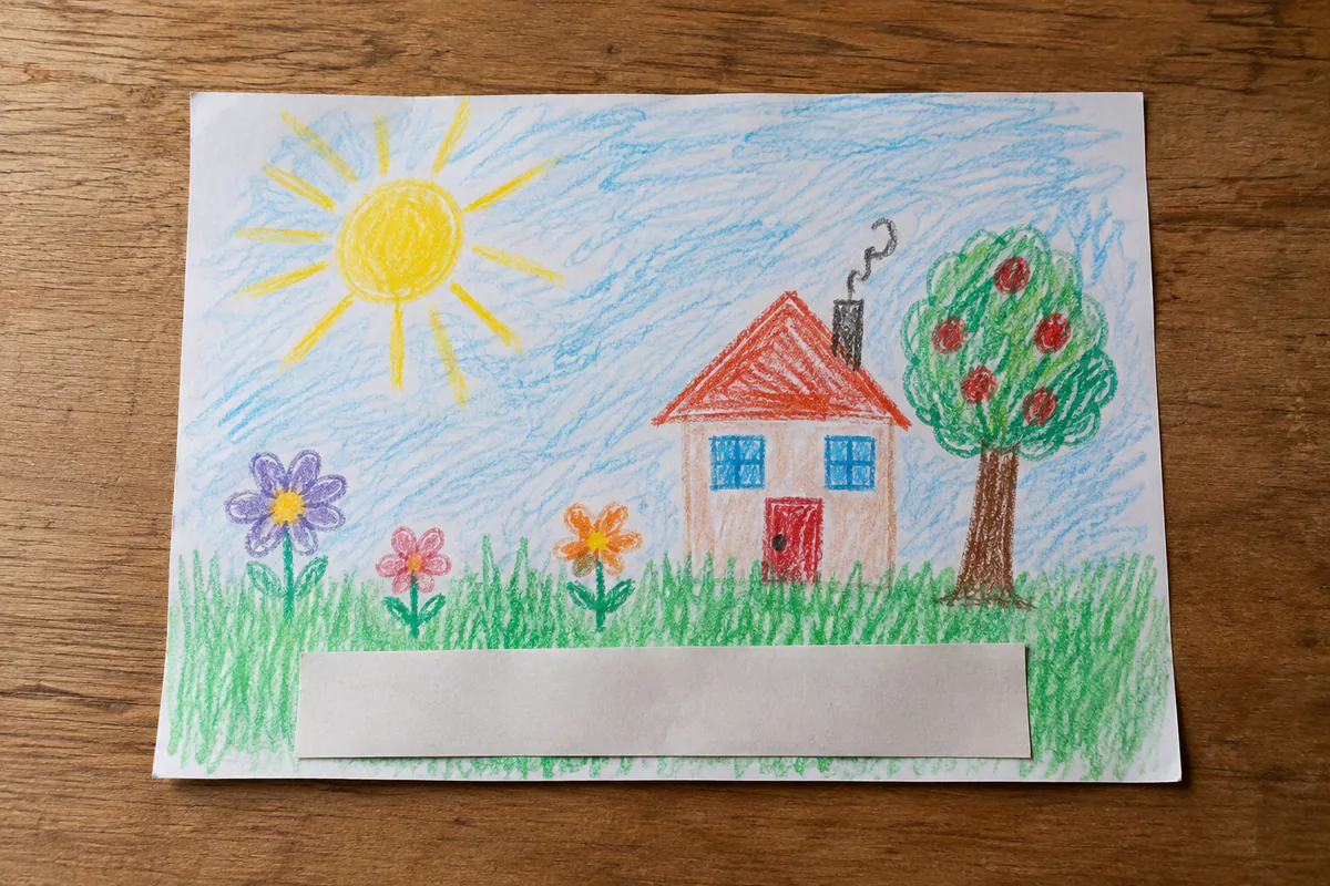 A strip of blank paper covers the identifying area of a child's drawing.